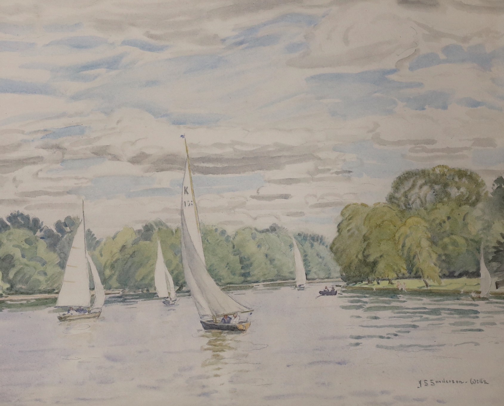 John Sanderson Sanderson-Wells RI (1872-1955), watercolour, 'Sailing, Kingston Reach', signed, 35 x 44cm